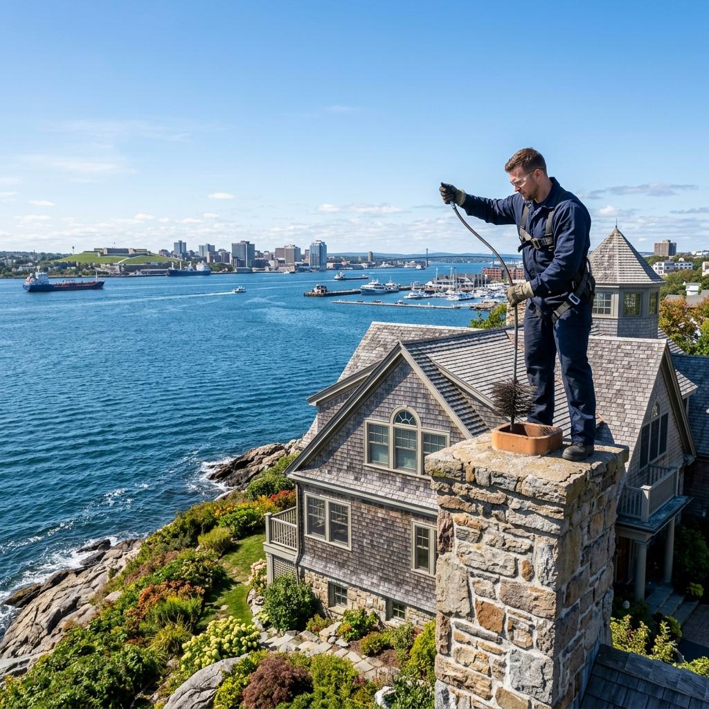 AtlanticSweep master technician examining brick hearth in Halifax home